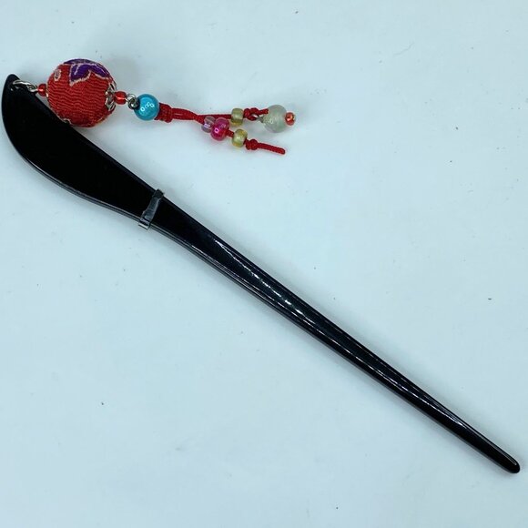 Rare Japanese Lacque black wooden Chirima ball crystal blue bead hairpin GS515 main image 7